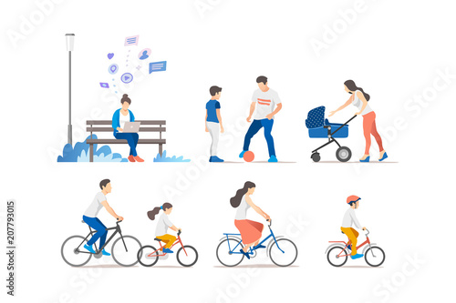 People outdoor in the park on weekend. Vector illustration.
