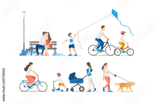 People outdoor in the park on weekend. Vector illustration.