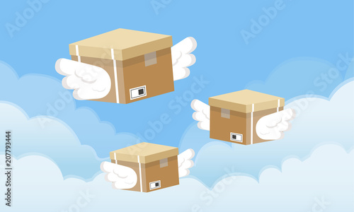 Set of cardboard wing boxes on sky background, fly in the sky. Flat vector illustration