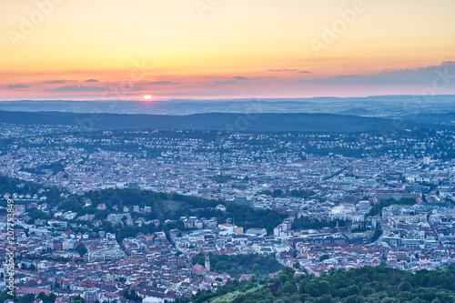 Sunset over Stuttgart City in Germany / View from the first TV Tower in the world