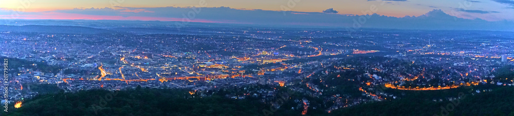 Fototapeta premium Sunset over Stuttgart City in Germany / View from the first TV Tower in the world