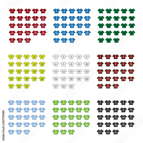 Soccer or football jersey icon set with numbers. Vector.