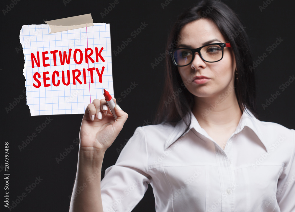 The concept of marketing, technology, the Internet and the network. A young businessman shows what is important for business: Network security