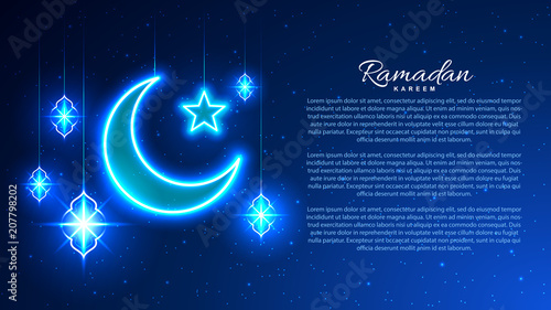 Ramadan Kareem. Template of design of a holiday banner in a modern style. Neon style. Islamic and Arabic background for the holiday of the Muslim community. Eid al-Fitr. Vector illustration