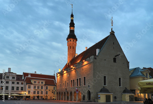 Old town hall and town hall square in Tallinn in the morning