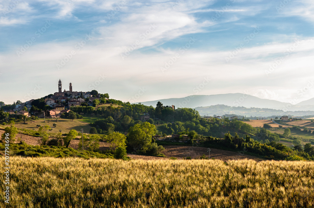 Italia, Pesaro Giugno 2018. Bellissima vista del borgo medievale di Orciano nella regione Mrche con i campi di grano e le magnifiche colline