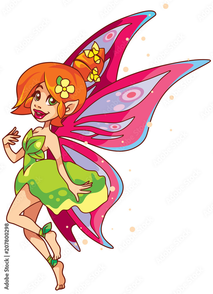 Illustration of happy cartoon fairy, flying with butterfly wings.