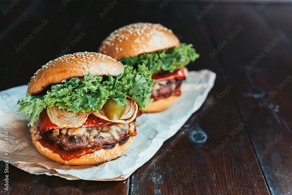 delicious homemade burger with juicy meatball and grilled vegetables delicious homemade burger with juicy meatball and grilled vegetables