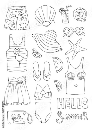 Vector hand drawn set icons, signs summer fashion beachwear and accessories. Collection Summer elements for summer holiday and party. Set collection for design. Coloring page Isolated on white back