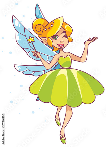 Illustration of happy cartoon fairy, flying on white background.