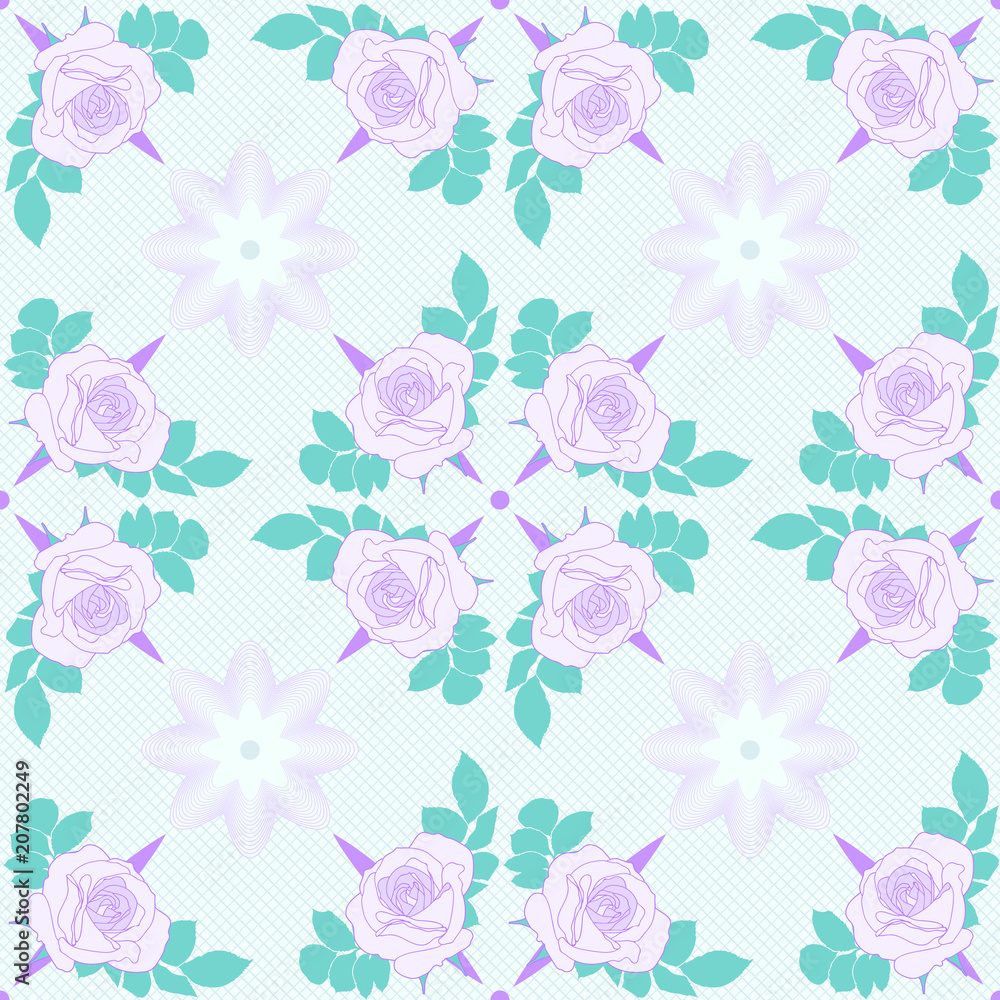 Vector seamless pattern. Violet roses on light blue background with geometric decoration. Vector seamless pattern. Violet roses on light blue background with geometric decoration.