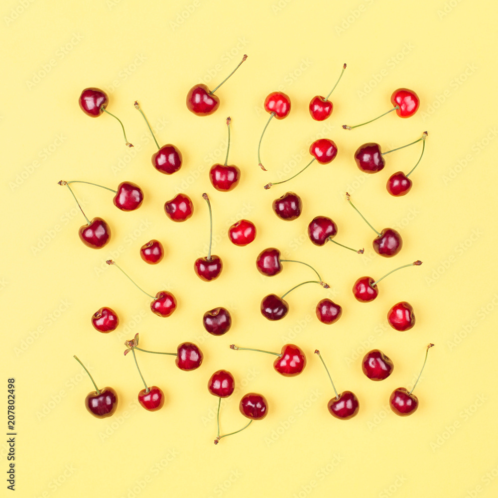 Pattern with sweet cherry on yellow background. Summer berry. Pattern with sweet cherry on yellow background. Summer berry.