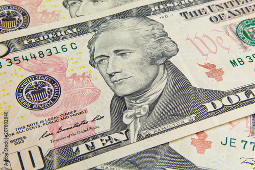Front of the ten dollar bill with a Portrait of President Alexander Hamilton close-up