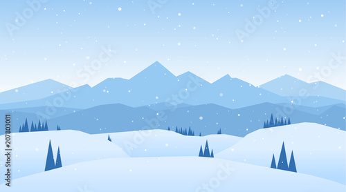 Vector illustration: Winter snowy Mountains landscape with hills and pines