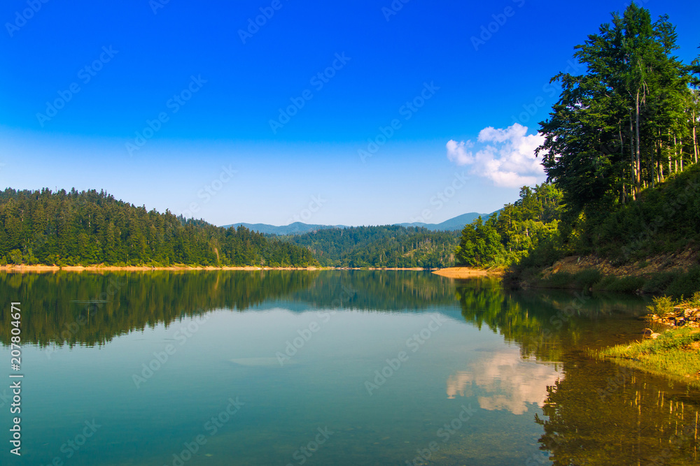     Beautiful mountain landscape in Croatia, Lokvarsko lake with Risnjak mountain in background, reflection, Lokve, Gorski kotar, Croatia 