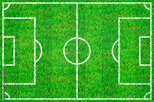 Soccer field  with marking lines on grass texture from above view. EPS 10