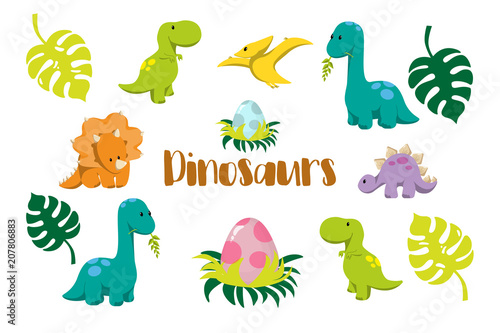 Dinosaur icons in flat style for designing dino party, children holiday, dinosaurus related materials