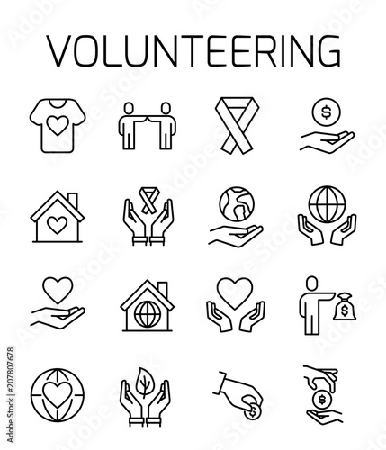Volunteering related vector icon set. 