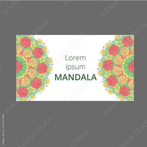 Vector banner with floral ornament. Rose, tulip, leaf. Circular ornament.
