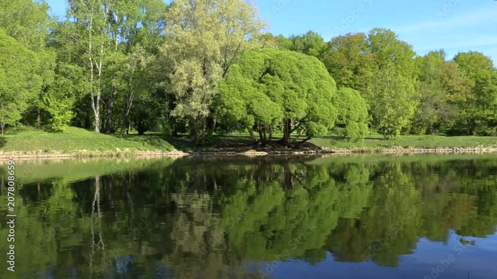 Very beautiful fabulous view. Brightly green trees are reflected in a mirror like a lake. Loopable image. Perfect background. Nobody here. Bright blue clear sky. Peace and quiet. Loop. Maybe anywhere Very beautiful fabulous view. Brightly green trees are reflected in a mirror like a lake. Loopable image. Perfect background. Nobody here. Bright blue clear sky. Peace and quiet. Loop. Maybe anywhere