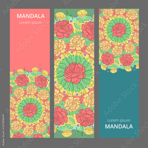 Vector banner set with floral ornament. Rose, tulip, leaf. Circular ornament.