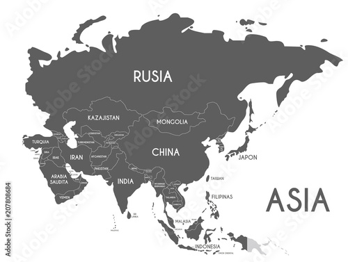 Polityczna mapa Azji ilustracji wektorowych na białym tle z nazwami krajów w języku hiszpańskim. Edytowalne i wyraźnie oznaczone warstwy.