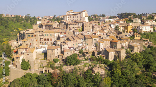 Aerial view of the village of Castelnuovo di Porto  near Rome  in Italy. The village is built perched on a hill and overlooks a green valley full of trees. At the top there is the medieval castle.