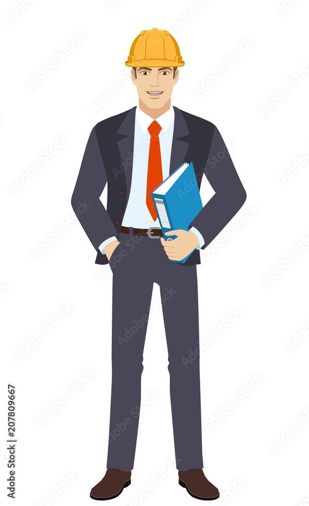 Businessman in construction helmet holding a folder Businessman in construction helmet holding a folder