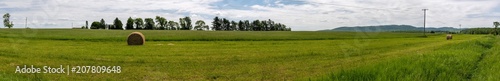 Panoramic view of a land in summer with haystacks