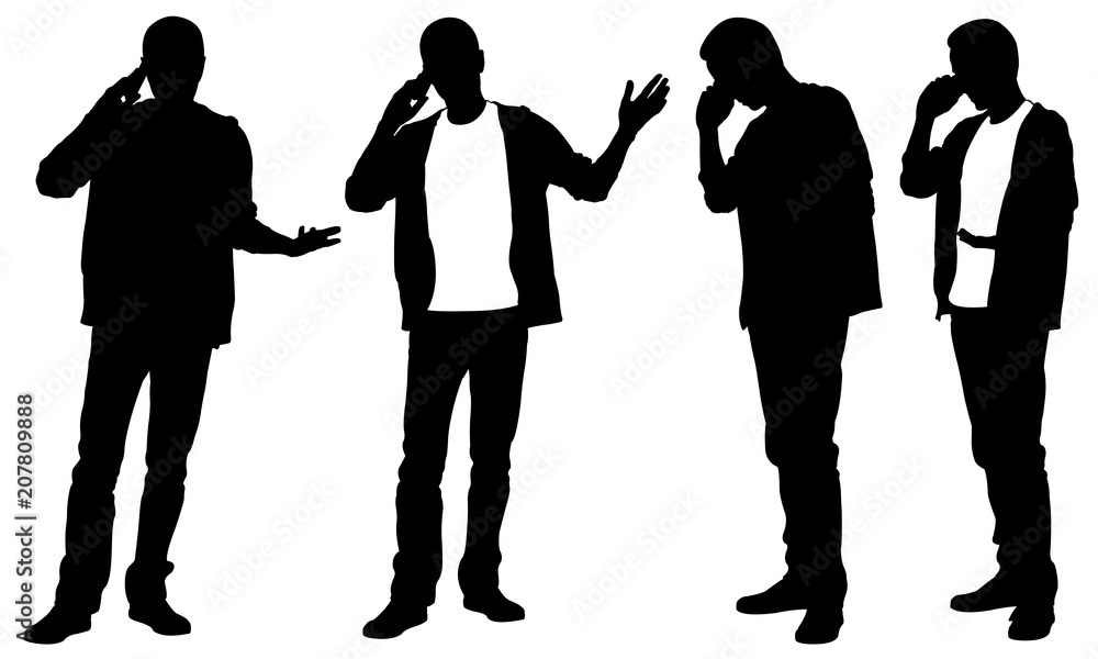 Silhouettes of men talking on the phone isolated on white