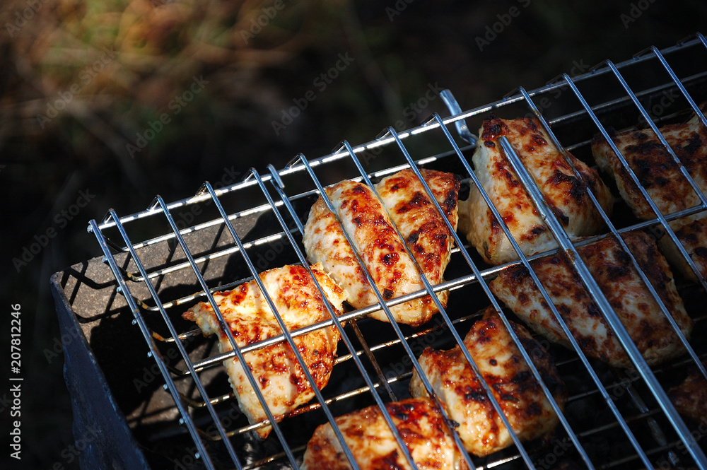 Chicken meat is grilled on the nature.
