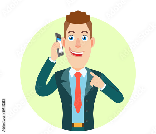 Businessman pointing his finger at the mobile phone that he talks