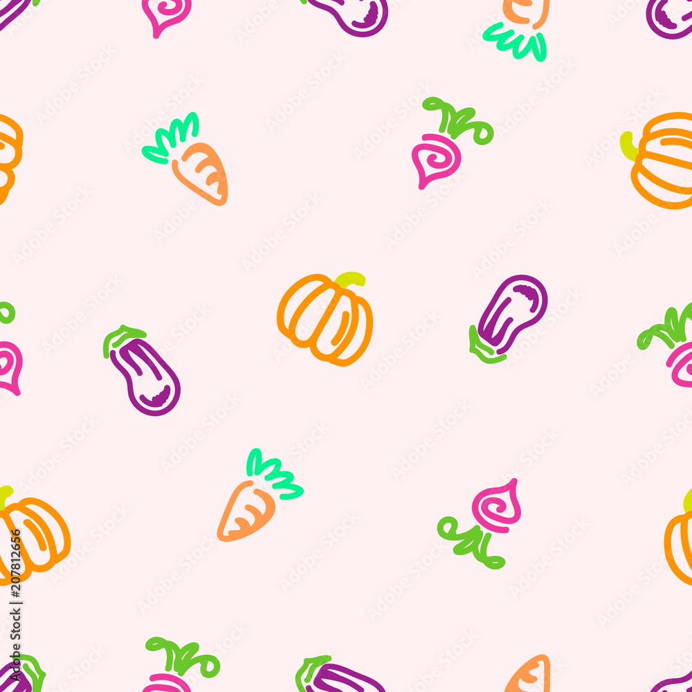 Vegetables seamless chaotic pattern (Carrot, Eggplant, Aubergine, Beet, Pumpkin) isolated on colour background