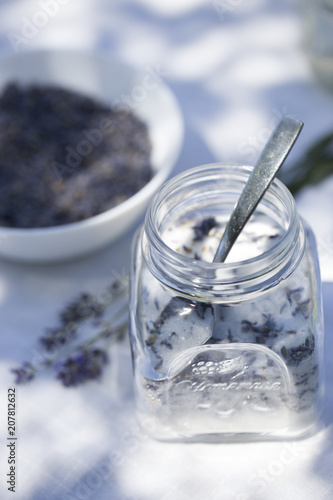 jar of lavender sugar with fresh flowers - sweet food.