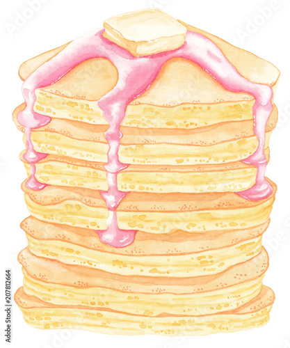 Watercolor delicious pancakes with piece of butter and pink cream isolated on white background