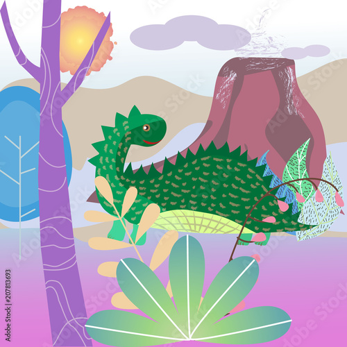 Fantastic landscape with fantastic prehistoric animals, extinct dinosaurs, vector illustration