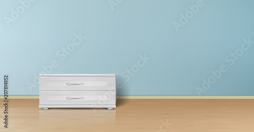 Vector realistic mockup of empty room with flat blue wall, wooden floor and stand with drawers. Studio with minimalist interior. Template for your creative design, for presentation of your product