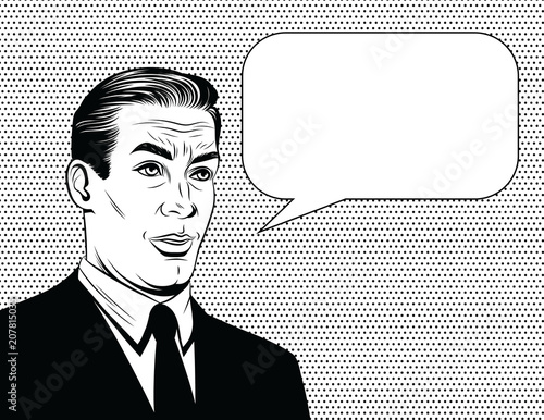 Vector black and white comic style illustration of a manager with emotional face over dot background. Handsome guy  in suit speaking with speech bubble