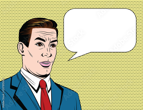 Vector colorful comic style illustration of a businessman with emotional face over dot background. Handsome adult 50-60s style guy in suit speaking with speech bubble