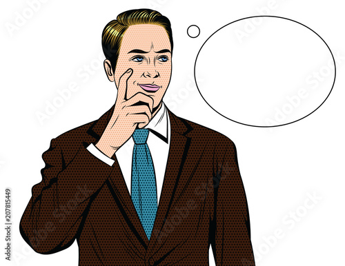 Vector colorful comic style illustration of a business man with worried face. Handsome guy standing in office suit with finger near his face and speech bubble isolated from white background