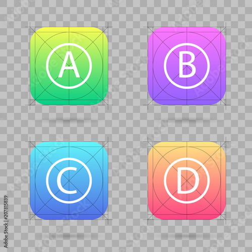Creative vector illustration set of app icon template with guidelines, grids isolated on background. Art design interfaces and applications. Abstract concept graphic element for web and mobile button