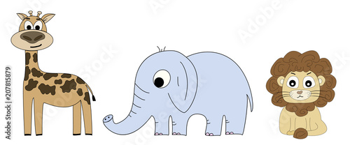 set of wild animals. Giraffe, elephant, lion. Cartoon print, cute print.