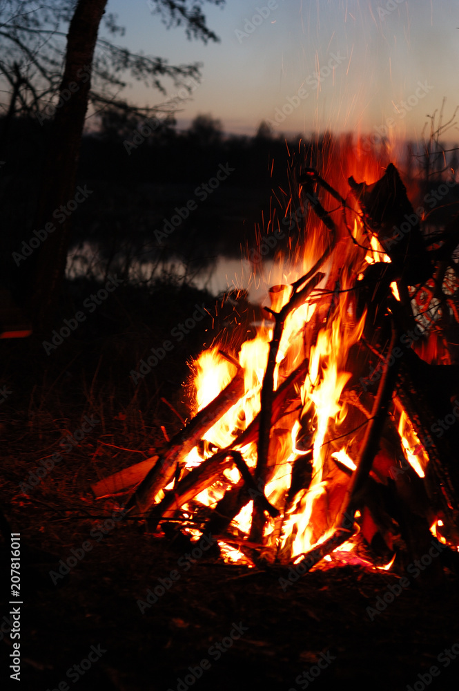 A large bonfire in the dark at night in the forest.
A large bonfire in the dark at night in the forest.