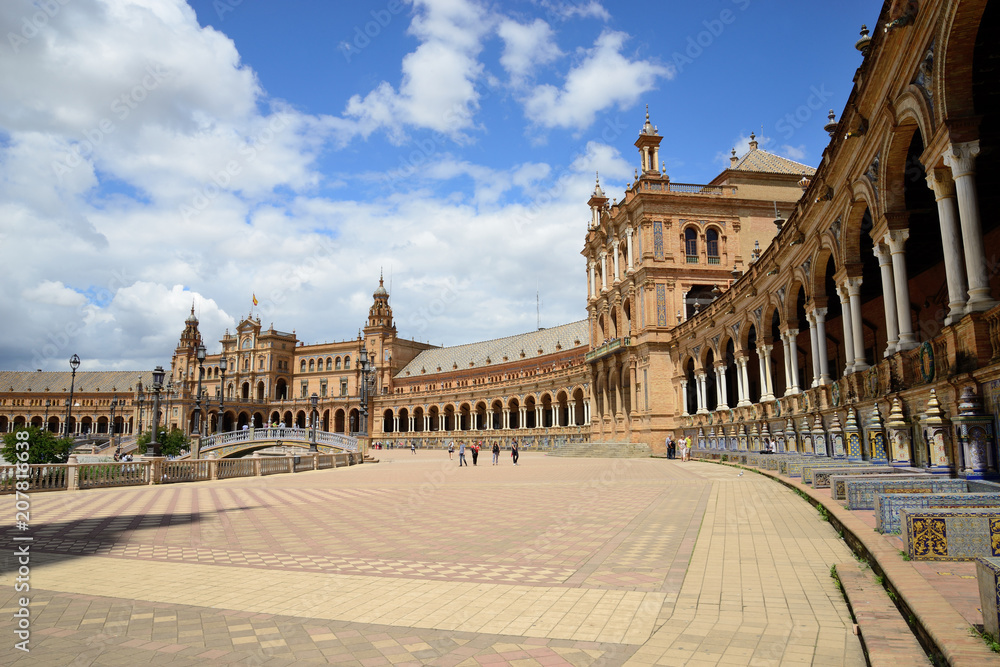 Seville, Spain - May 25, 2018: Plaza de España with the building of the National Geographic Institute in the background.
