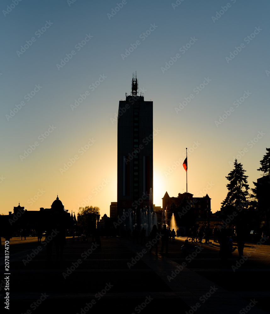 Fototapeta premium Night city building, evening hotel, Ulyanovsk