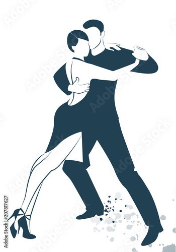 Couple dancing tango drawn sketch by line isolated on white background and ink spots