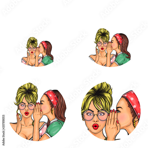 Vector pop art avatars for social network chat user profile or blog account picture icon template. Woman speaking in ear or whispering news and gossip to surprised girl in glasses. Retro sketch set