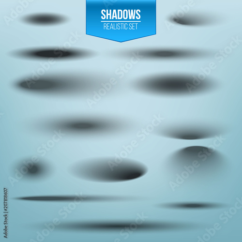 Creative vector illustration of round, oval shadow with soft edges set isolated on transparent background. Art design effect with different light illumination angles. Abstract concept graphic element