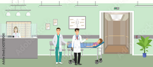 Medicine situation with patient on medical couch with two doctors in hospital reception. Modern medical clinic hall with receptionist