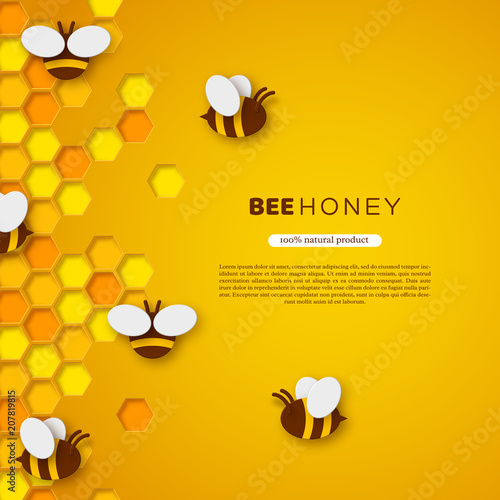 Paper cut style bee with honeycombs. Template design for beekiping and honey product. Yellow background, vector illustration.
